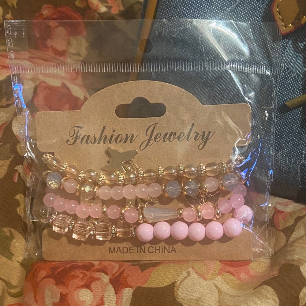 Pink and Gold Beaded Bracelet Set of 4 with butterflies